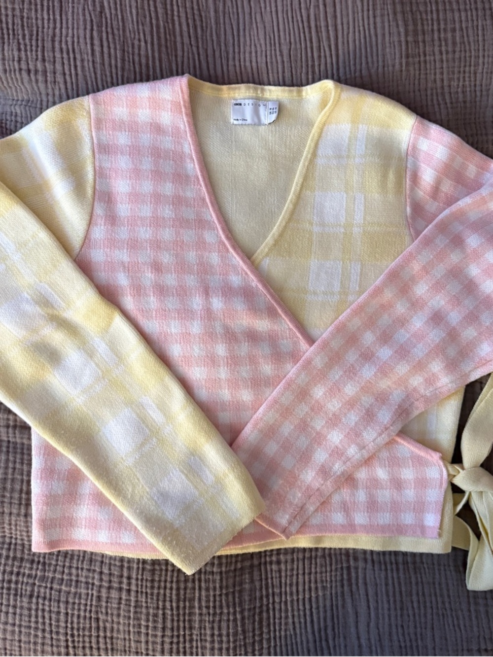 Pastel Pink & Yellow Gingham Wrap Sweater Cardigan - Picture 2 of 4